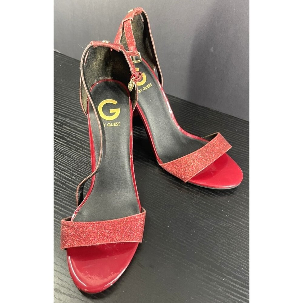 Guess Womens Red Glitter Block Heel Sandals Size 8.5 Ankle Strap Open Toe